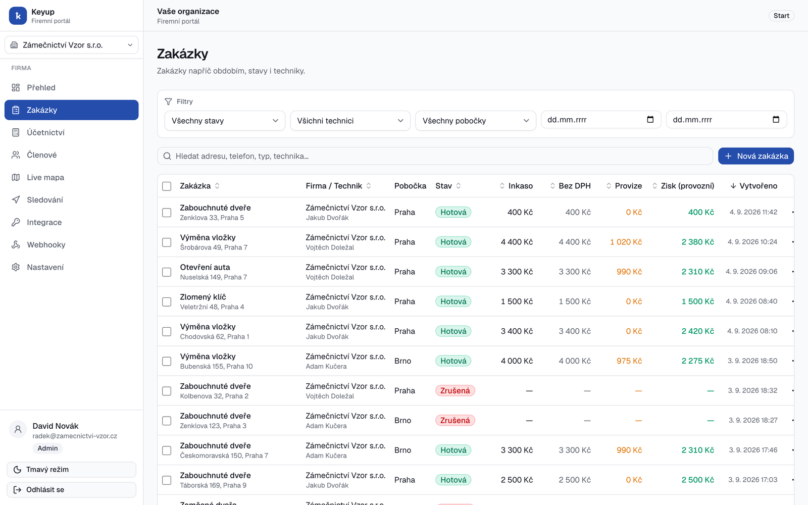 The job list in the Keyup portal — filters, branches, statuses and the money on every job