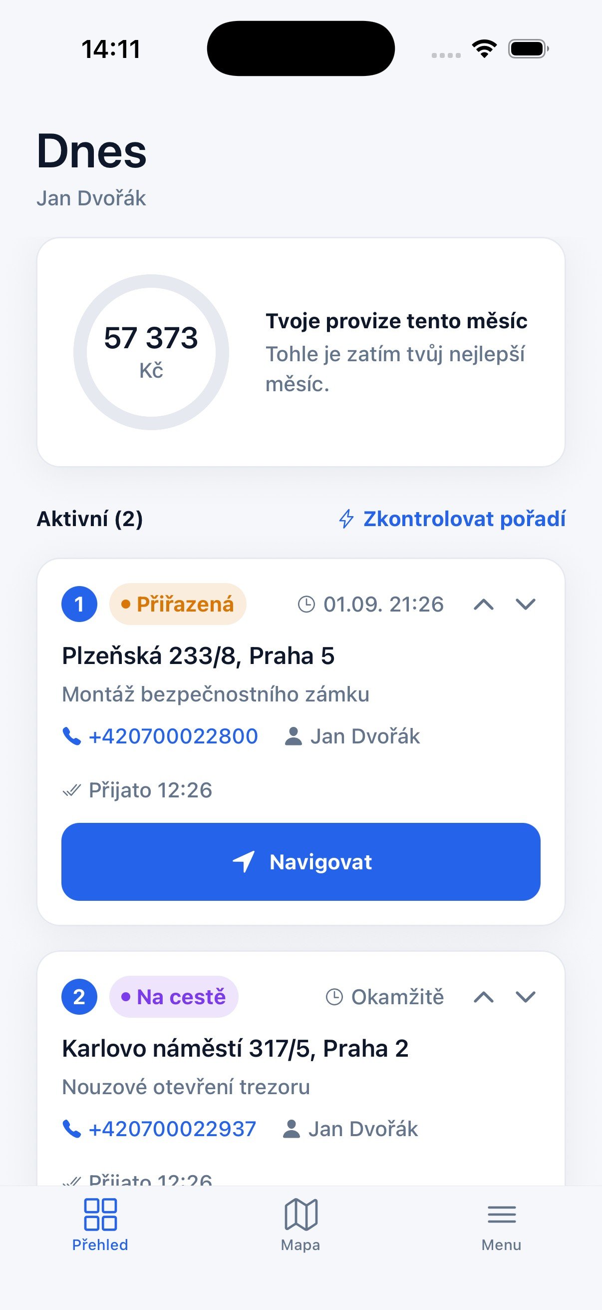 Today's job queue in Keyup — commission for the month, confirmed pickup and a Navigate button
