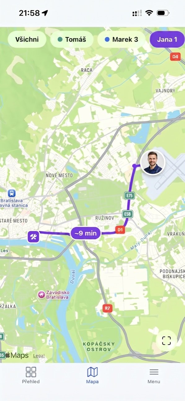 A technician with a profile photo on the live map — route to the job with a 9-minute drive