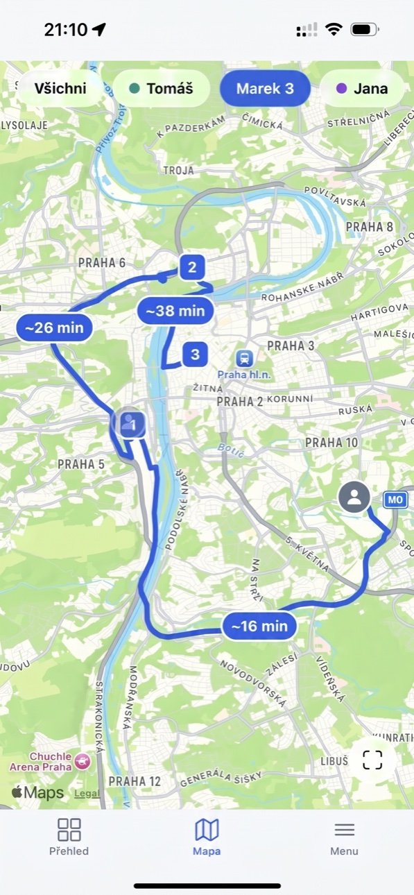 A real map screen from Keyup — technician routes along streets with an ETA for every leg