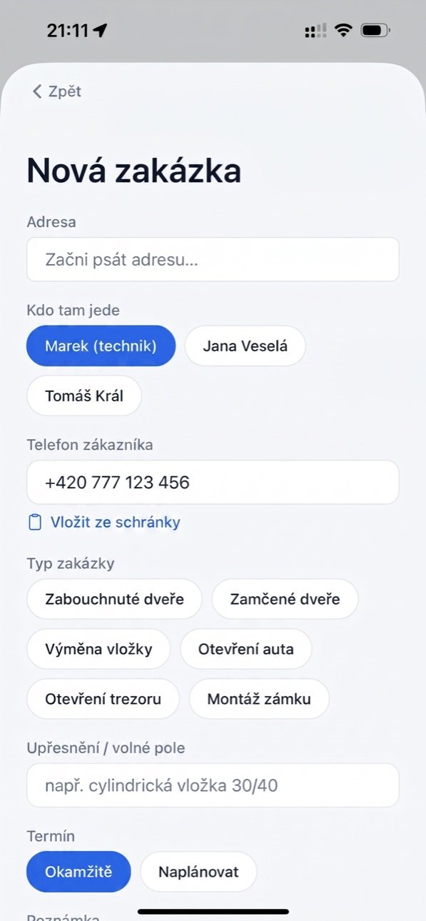 The new job form — address autocomplete, type of work, technician picker