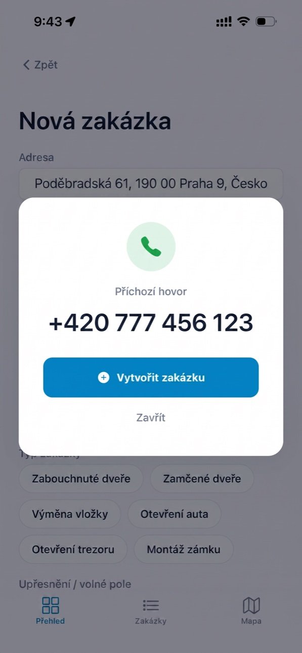 An incoming call in Keyup — one tap creates a job with the number already filled in