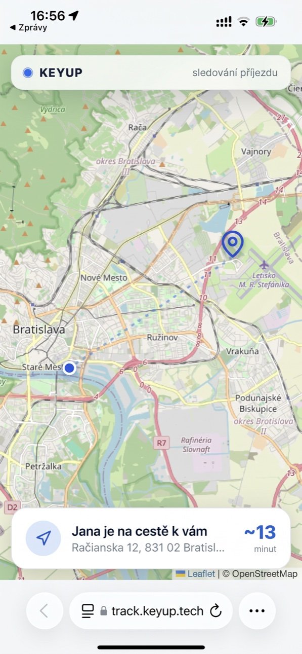 The customer tracking page at track.keyupgo.com — technician on the way with a live map and ETA